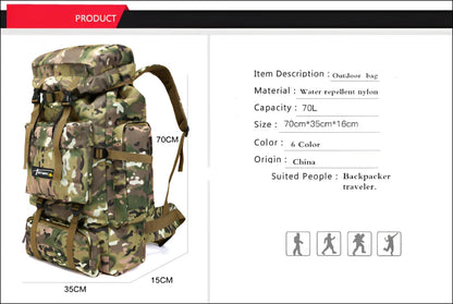 Outdoor-rucksack mit camouflage-muster, mehreren fächern und riemen.