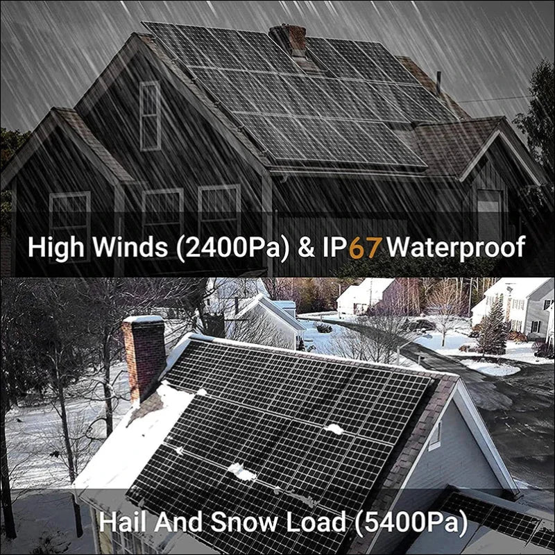 Auf Dächern von Wohnhäusern installierte Solarmodule, die ihre Haltbarkeit unter rauen Wetterbedingungen unter Beweis stellen.