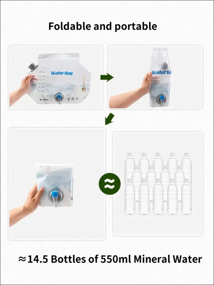 Faltbare und tragbare wassertasche, die das äquivalent von etwa 14,5 flaschen mineralwasser aufnehmen kann.
