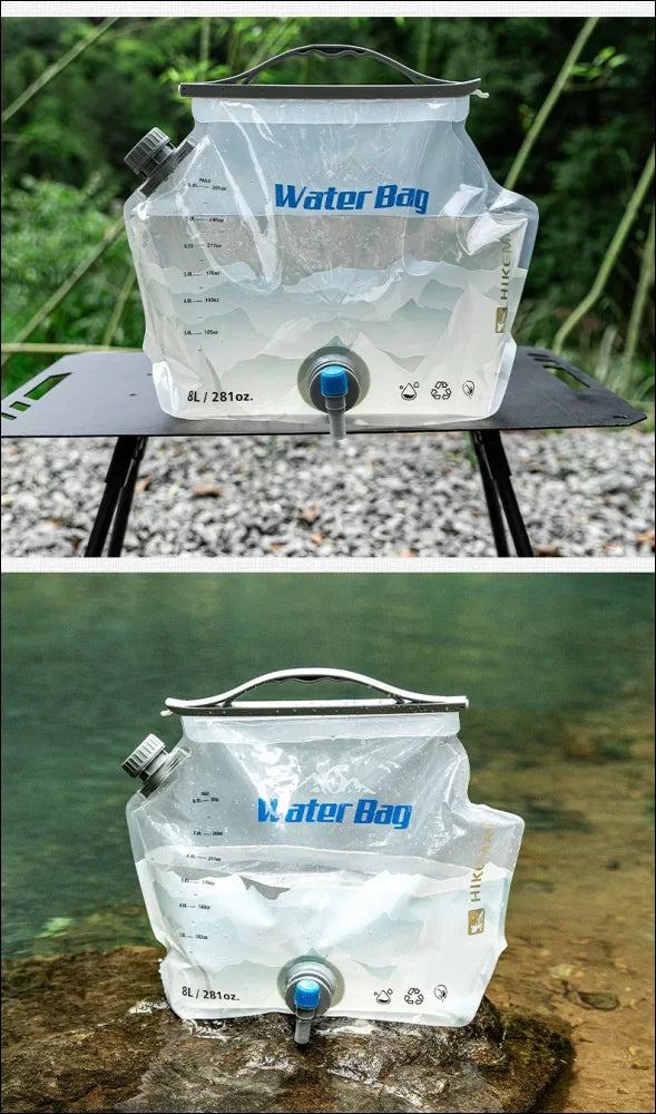 Zusammenlegbarer plastikwasserbehälter mit ausgießer, beschriftet mit ’water bag’.