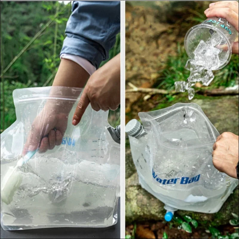 Zusammenklappbarer wasserbehälter, der im freien mit eis und wasser gefüllt wird.