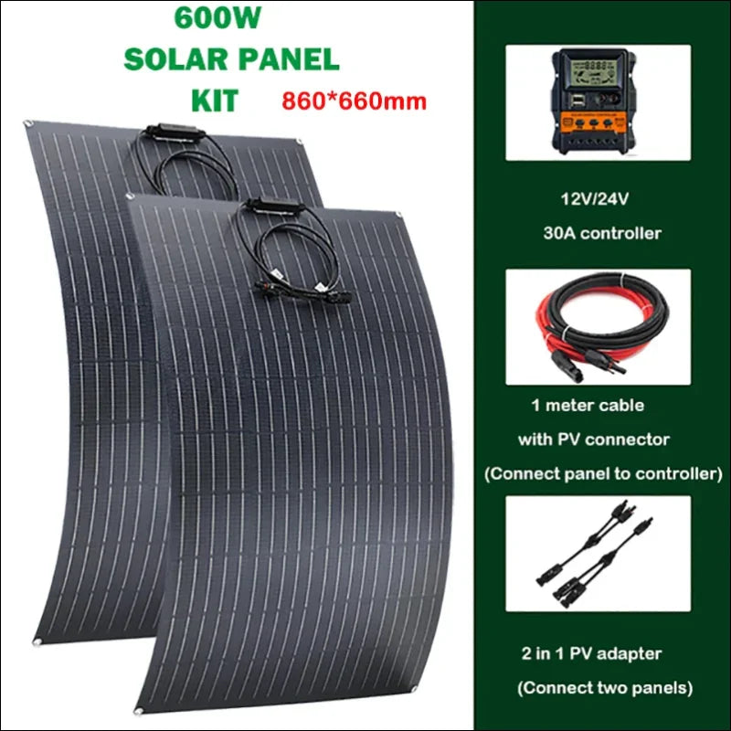 Flexibles 600w-solarpanel-kit mit zwei gebogenen paneelen von 860x660mm.