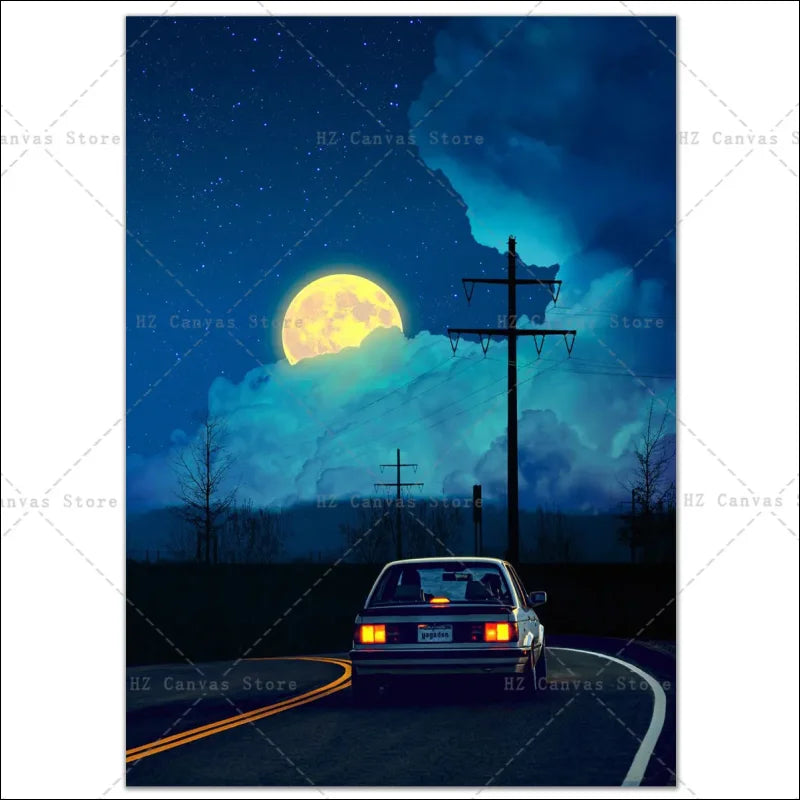 Auto bei vollmond-nachtfahrt - 90er neon auto nachtansicht poster auf leinen