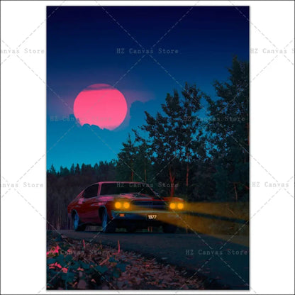 Ein auto im wald bei nacht mit mond im hintergrund. Neon-poster auf leinen aus den 90ern