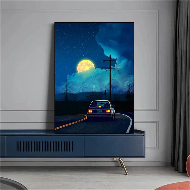 Auto auf nachtstraße mit vollmond, abgebildet auf dem 90er neon auto nachtansicht poster