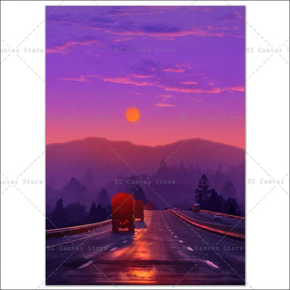 Straße mit sonnenuntergang und lkw auf dem 90er neon auto nachtansicht poster auf leinen