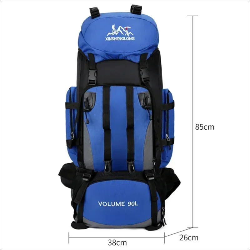 Blau-schwarzer wanderrucksack mit mehreren fächern und riemen.