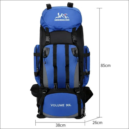 Blau-schwarzer wanderrucksack mit mehreren fächern und riemen.