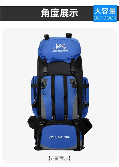 Blau-schwarzer outdoor-wanderrucksack mit mehreren fächern und gurten.