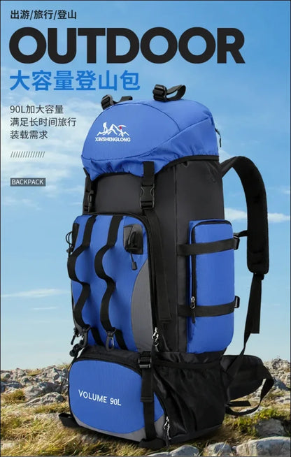 Blau-schwarzer outdoor-wanderrucksack mit mehreren fächern und gurten.