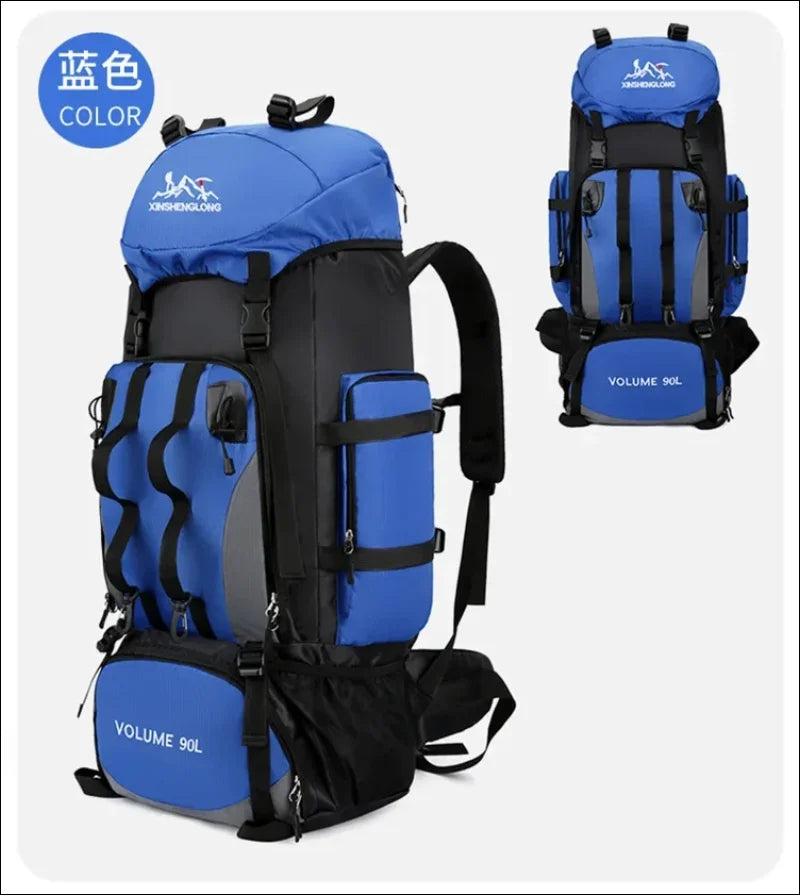 Blau-schwarzer wanderrucksack mit mehreren fächern und gurten.