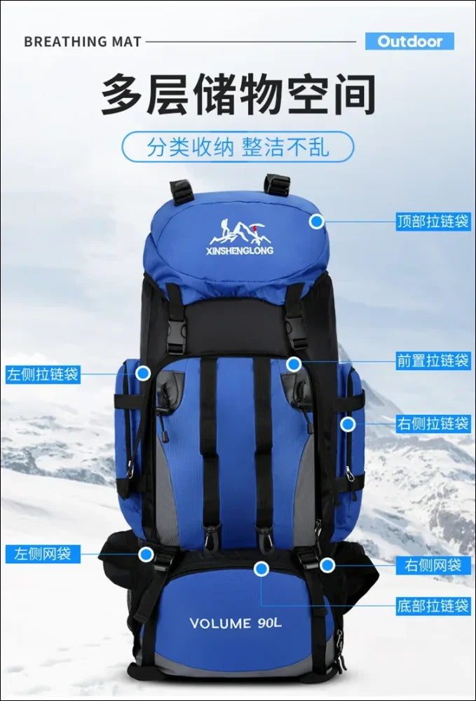 Blau-schwarzer wanderrucksack mit mehreren fächern und gurten.