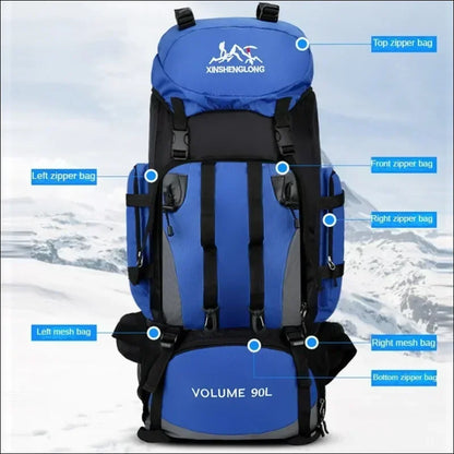 Blau-schwarzer 90-liter-wanderrucksack mit mehreren fächern und reißverschlusstaschen.