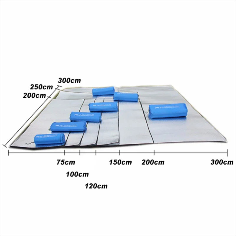 Waterproof, aluminum-coated tent floor mat in various sizes