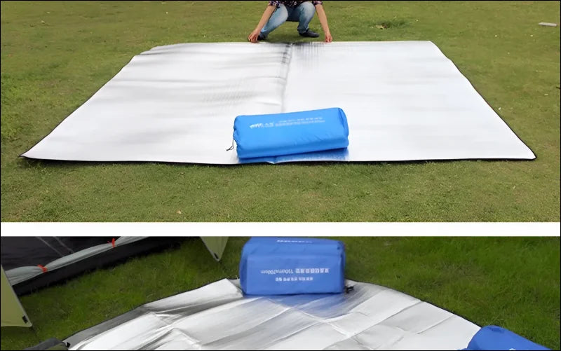 Waterproof, aluminum-coated tent floor mat in various sizes