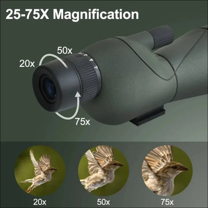 Spektiv mit einstellbarer vergrößerung von 25x bis 75x, dargestellt neben vogelbildern in verschiedenen zoomstufen.