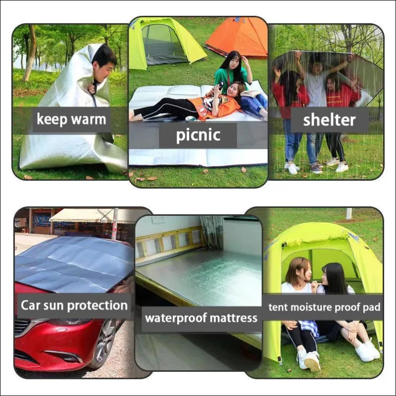 Waterproof, aluminum-coated tent floor mat in various sizes