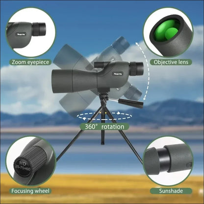 Spektiv mit 360-grad-rotationsmöglichkeit auf einem stativ montiert.