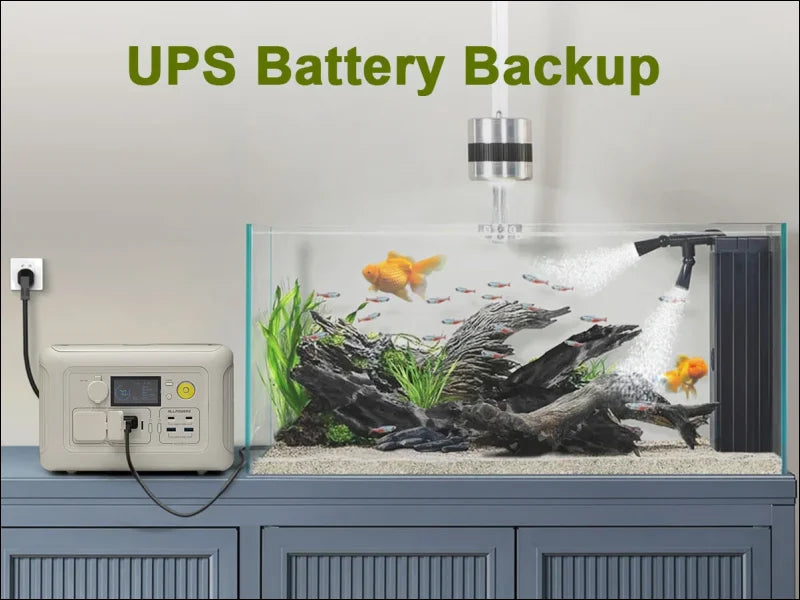 Aquarium mit Goldfischen und Allpowers R600 299Wh UPS Backup-System für 1200W Peak