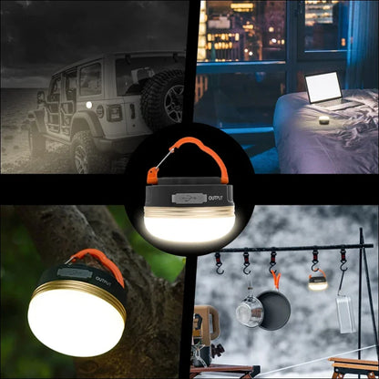 Tragbare led-campinglaterne mit orangefarbenem griff und einstellbarer lichtleistung.