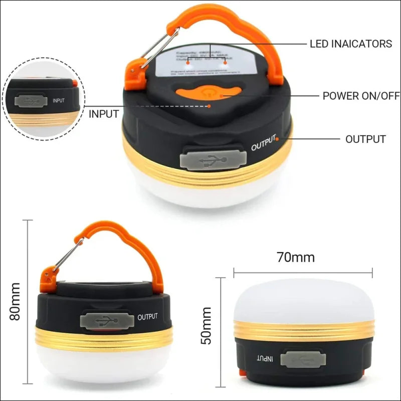 Tragbare led-campinglaterne mit usb-eingangs-/ausgangsanschlüssen und einem aufhängegriff.