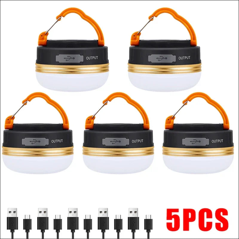 Tragbare led-campinglaternen mit usb-ladekabel, verkauft als 5er-set.