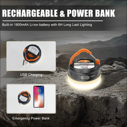 Wiederaufladbare campinglaterne mit integrierter powerbank-funktion.