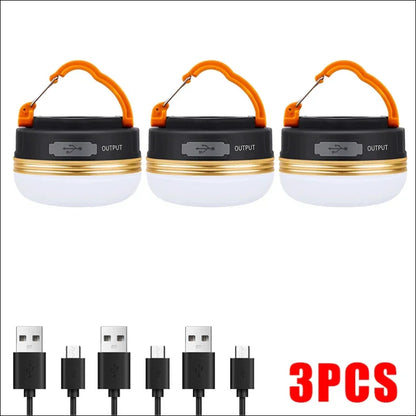 Tragbare led-camping-laternen mit orangefarbenen aufhängehaken und usb-ladekabel.