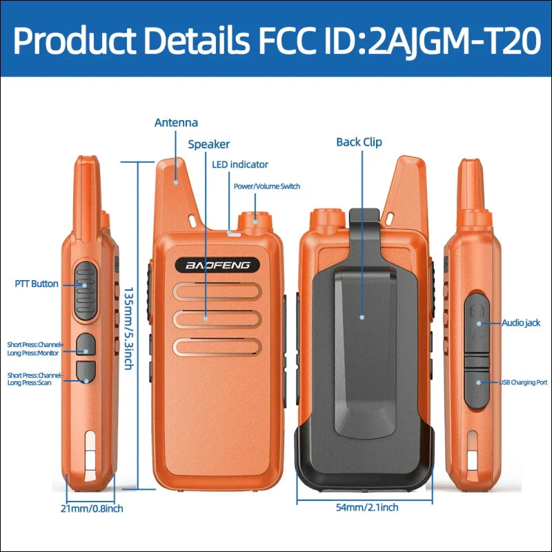 Nahaufnahme eines diagramms des baofeng bf-t20 walkie-talkie mit zwei verschiedenen funktionen