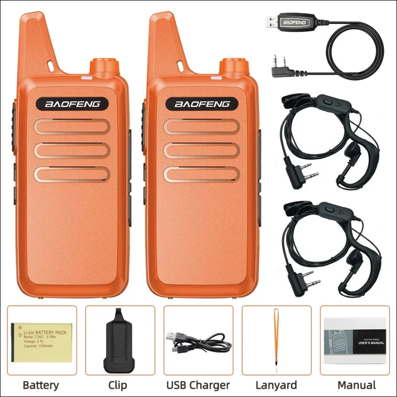 Zwei orange baofeng bf-t20 walkie-talkies mit ladegerät und akku lizenzfreie funkgeräte