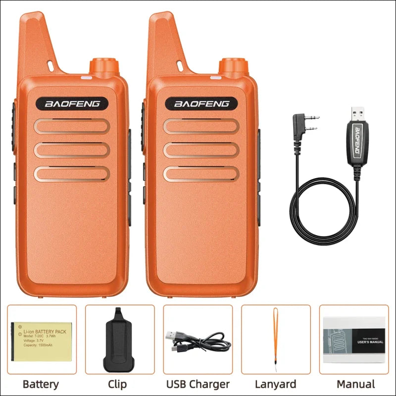 Zwei orange baofeng bf-t20 walkie-talkies mit ladegerät und batterie, lizenzfreie funkgeräte