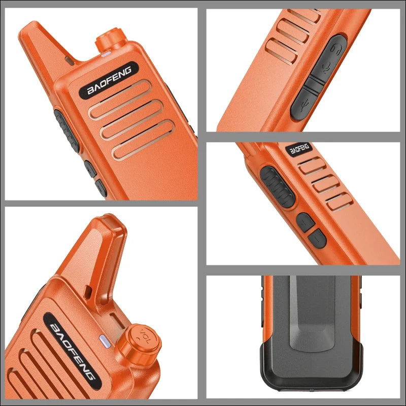 Orange-schwarzes gehäuse mit logo auf dem baofeng bf-t20 walkie-talkie: kompaktes lizenzfreies funkgerät