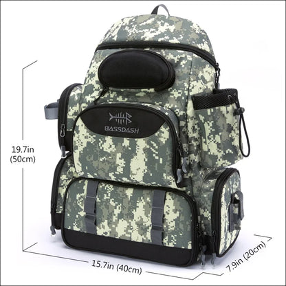 Angelrucksack mit camouflage-muster und mehreren fächern und taschen.