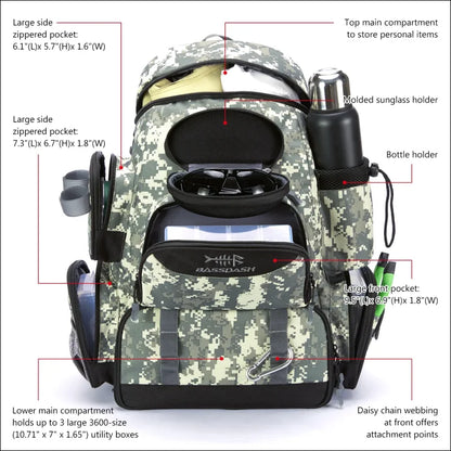 Angelrucksack mit camouflage-muster und mehreren fächern und halterungen für verschiedene ausrüstungsgegenstände.