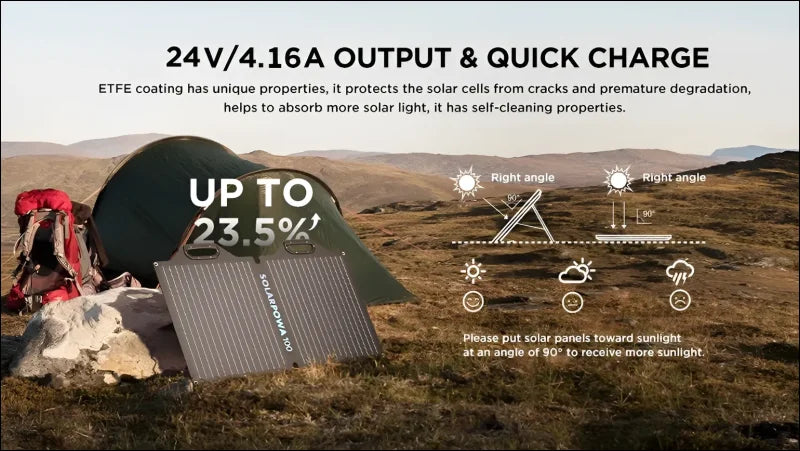 Tragbares solarpanel-ladegerät mit rucksack und zelt im freien.