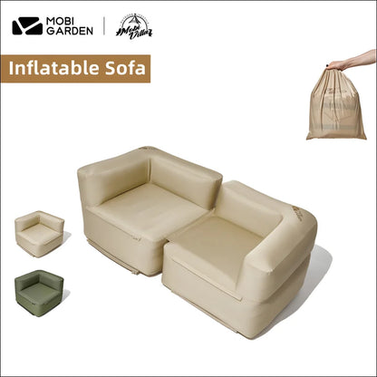 Das camping aufblasbare sofa mit tasche und handtasche auf dem camping traumsofa im freien