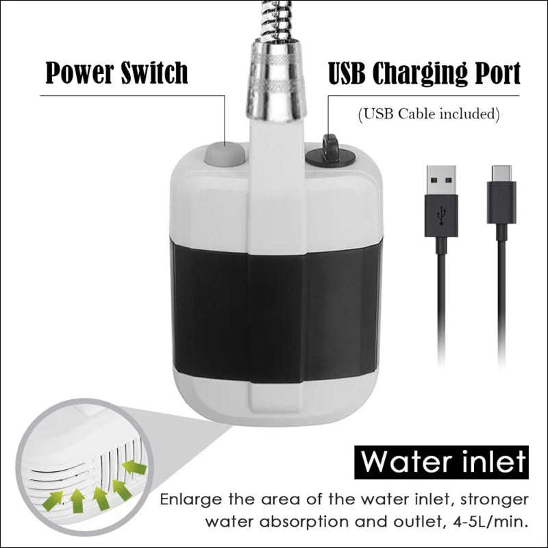 Nahaufnahme eines usb-ladeports mit kabel am produkt ’frische dusche für unterwegs!