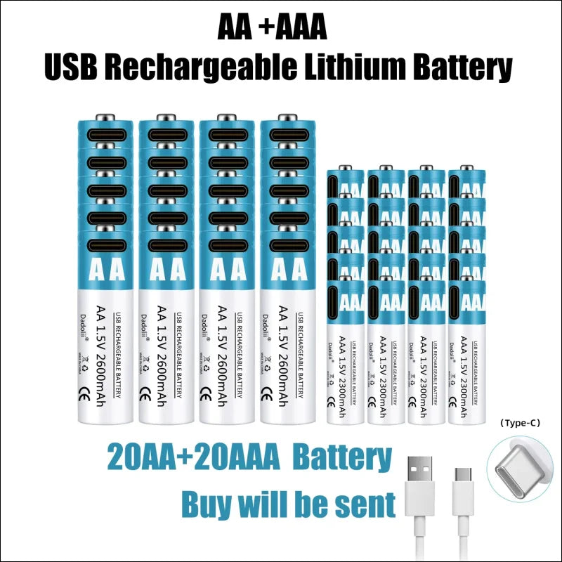 Usb-aufladbare aa- und aaa-lithiumbatterien mit einem ladekabel.