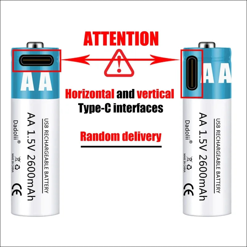 Wiederaufladbare aa-batterien mit usb-typ-c-schnittstelle in horizontaler und vertikaler ausrichtung.