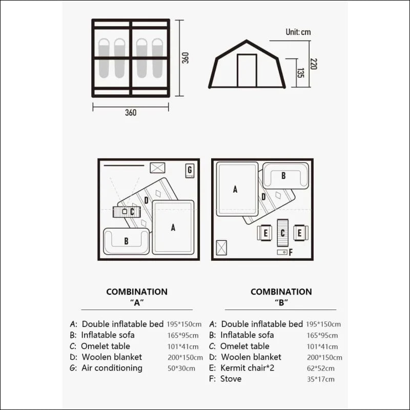 Diagramm des großen aufblasbaren zelts camping-villa: 13m² layout und abmessungen