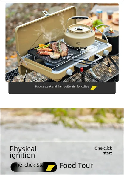 Tragbarer campingkocher mit grill und kessel zum kochen von fleisch und kochendem wasser im freien.