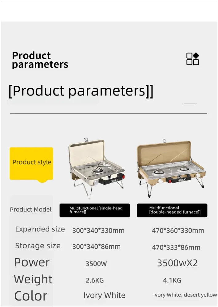 Vergleichstabelle von zwei tragbaren campingkochern mit ihren produktspezifikationen.