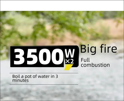 Text-overlay mit der beschreibung eines 3500-w-’big fire’-heizelements, das wasser schnell zum kochen bringt.