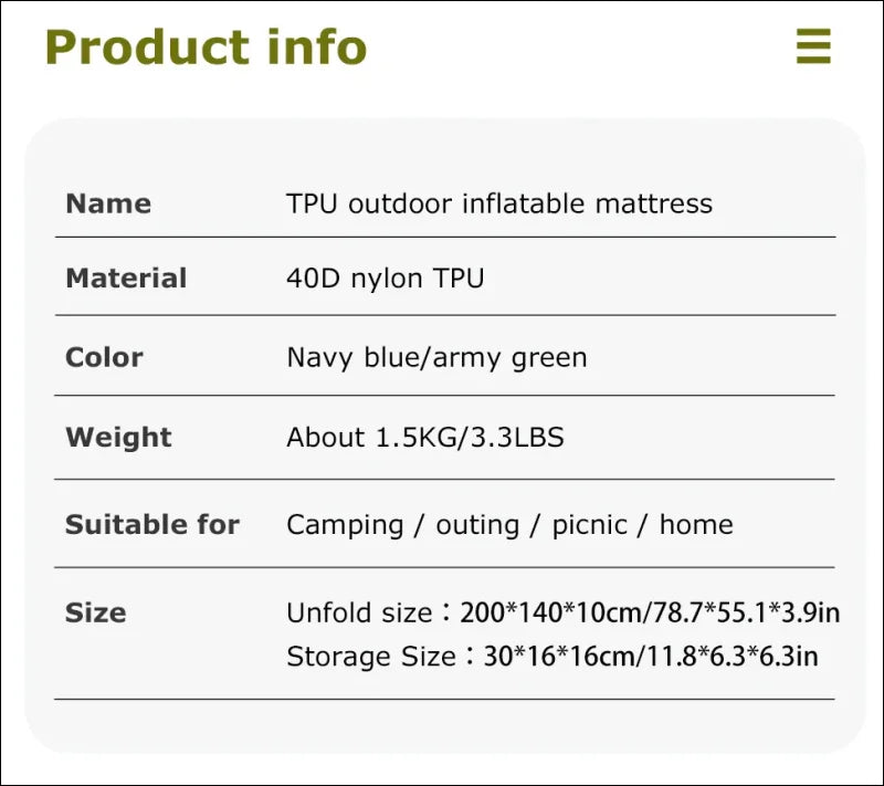 Produktinformationstabelle für Doppelte Camping-Schlafmatte 130x190cm aus TPU