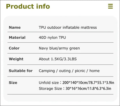 Produktinformationstabelle für Doppelte Camping-Schlafmatte 130x190cm aus TPU