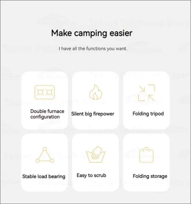 Infografik über die merkmale und funktionen von campingausrüstung.