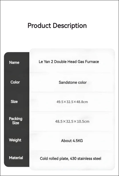 Produktbeschreibungs-tabelle für einen le yan 2 doppelkopf-gasofen mit angaben zu farbe, größe, packmaß, gewicht und material.