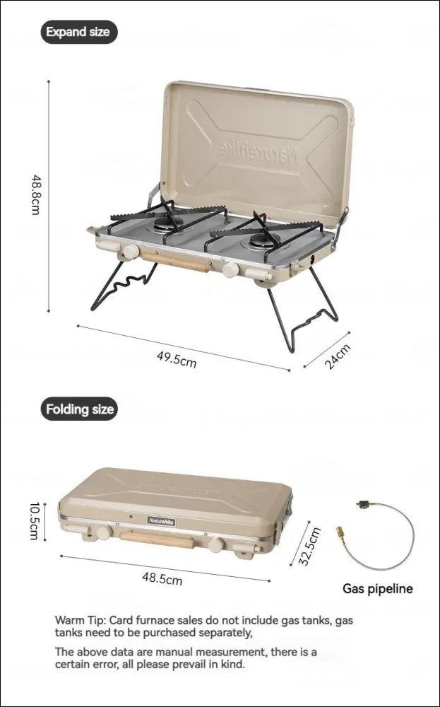 Tragbarer campingkocher mit zwei brennern, klappbaren beinen und deckel.