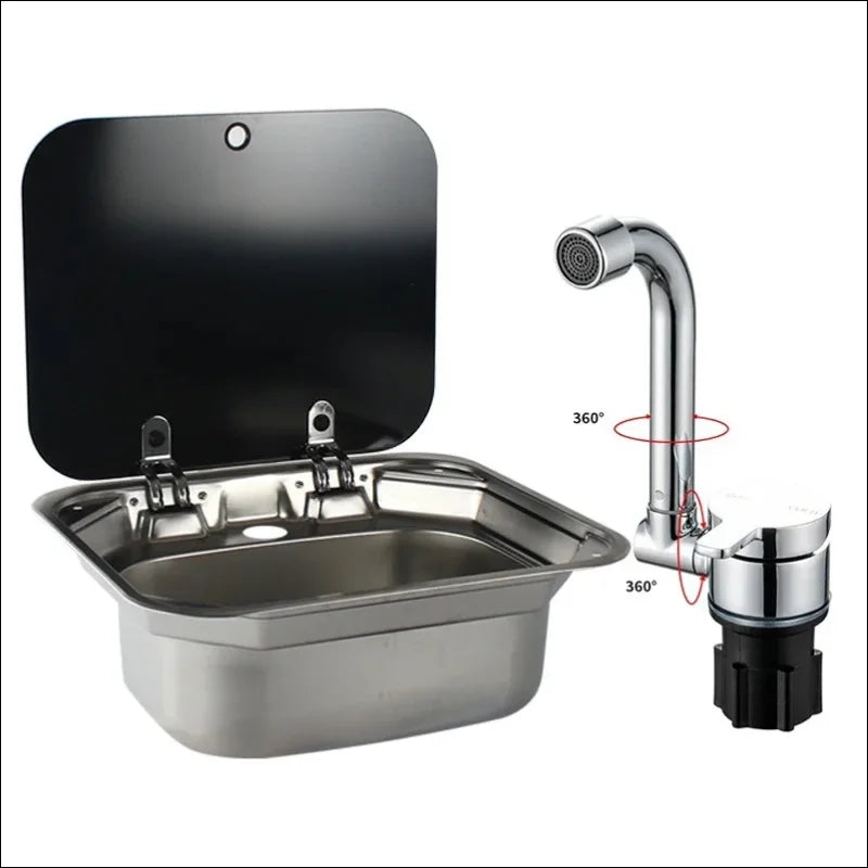 Nahaufnahme von edelstahl camping waschbecken mit glasdeckel und wasserhahn