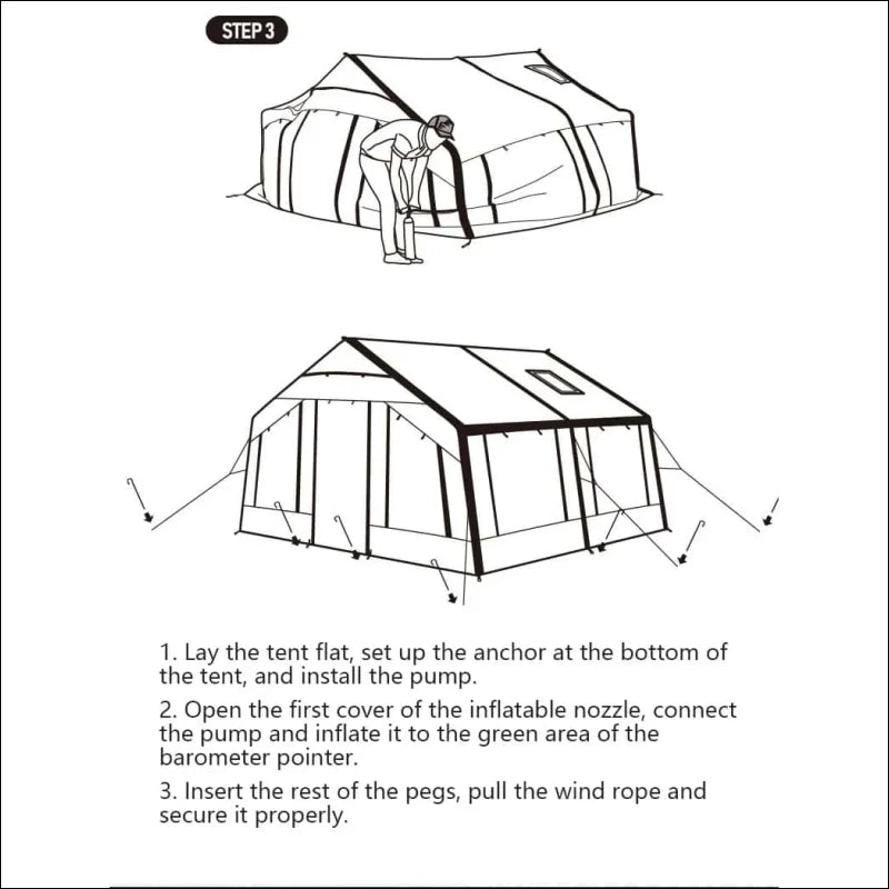 Aufblasbares zelt camping-villa: einfache aufbauanleitung in zwei phasen illustriert